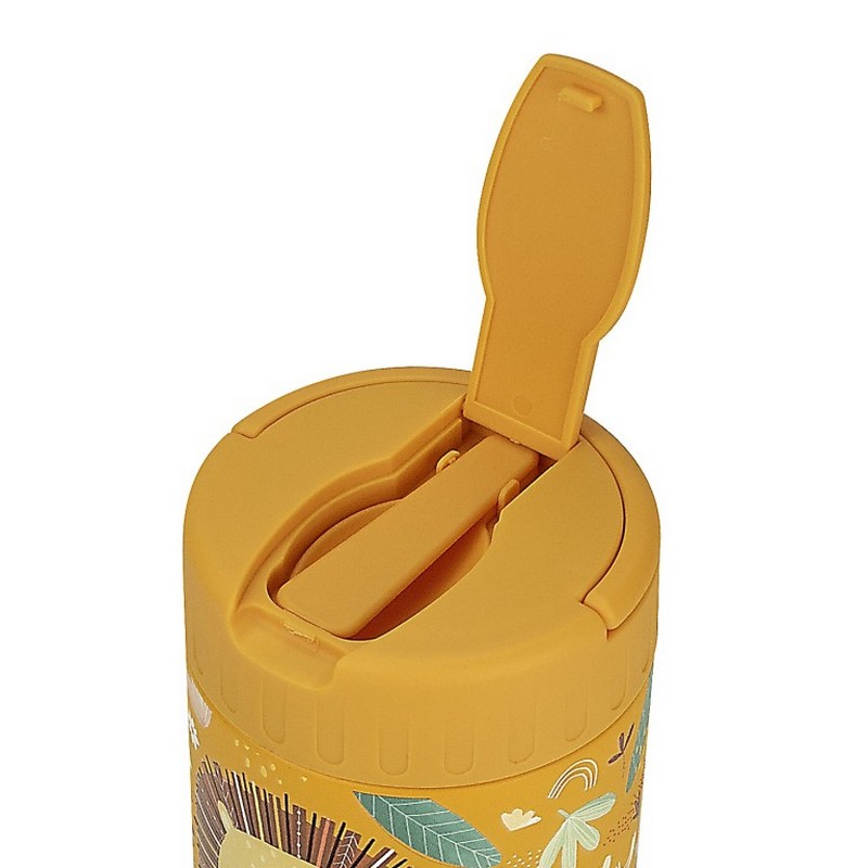 Portapranzo termico giallo per bambini decorato con leone e foglie in acciaio inossidabile, con maniglia estraibile per agevolare il trasporto